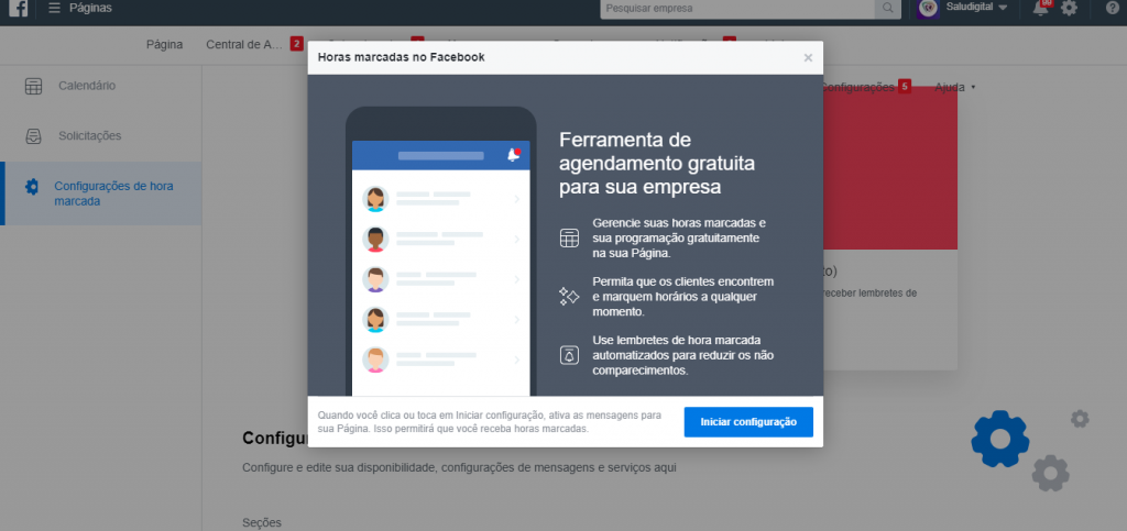 configuração agendamento de consulta no facebook